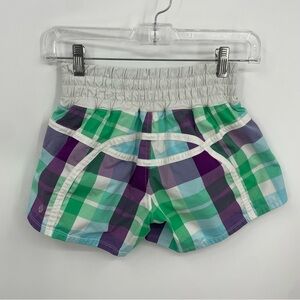 Lululemon plaid running tracker shorts purple green Sz 4 4” inseam